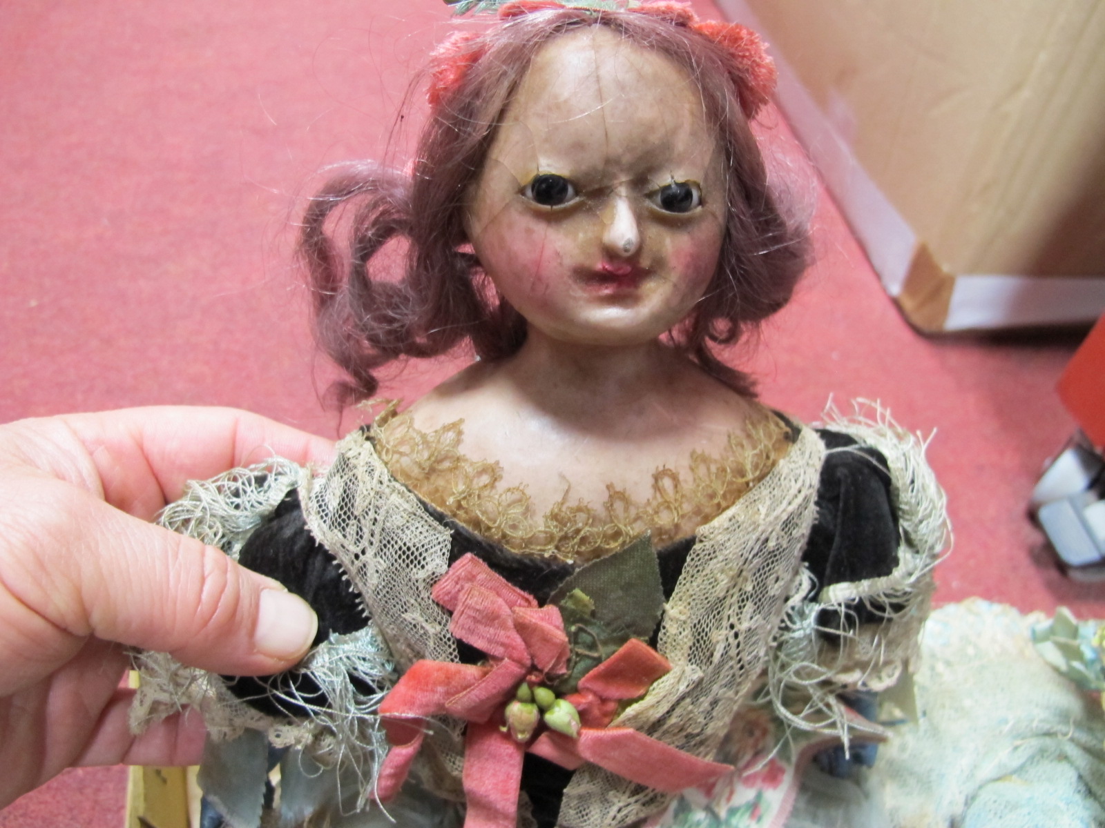 A Mid XIX Century Wax Headed Papier-Mache Doll, glass eyes, measuring 51cm high, accompanied by - Image 4 of 6