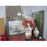 A Pair of Chinese Pottery Table Lamps, one other, two mirrors, print, tapestry.