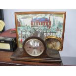 Oak Westminster Chimes Mantel Clock, two oval miniatures, tapestry. (4)