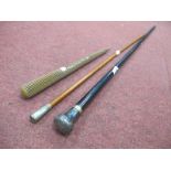 Ebonized Walking Cane with Silver Handle; Gibraltar swagger stick, 68.5cm long, carved parasol