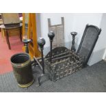 Portcullis Fire Grate, two pairs of fire dogs, firescreen, coal bucket.