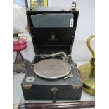 A Dulcetto Table Top Gramophone, with Meltrope III needle holder to arm, (carry handle replaced).