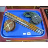 Fishing - Mahogany and Brass Reel, Trudex metal example, T.S. sectional rod.