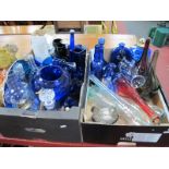 An Assortment of Blue Glassware, including oil lamp, decanters, vases etc:- Two Boxes
