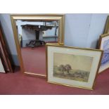 Rectangular Bevelled Wall Mirror, in gilt frame, 88.5 x 63cm overall, Hans Heysen colour print. (2)