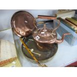 A XIX Century Copper Kettle and Warming Pan, having ebonized handle, brass dinner gong and beater (