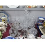 Cut Glass Claret Jug, biscuit jar and cover, powder bowls, fruit bowls, knife rests etc:- One Tray