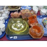 Two Art Deco Glass Plates Featuring Fish, 23cm wide, six pieces of orange Carnival glass:- One Tray