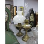 Two Brass Oil Lamps, one having white opaline shape.