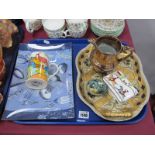 Staffordshire China Trinket Box, a Moorcroft style tubelined egg, twin handled decorative tray/dish,