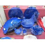 Blue Glass Conch Shell Shaped Bowl, Murano style undulating glass bowl with bubble inclusions,
