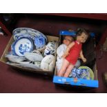 Various Blue and White Patterned China, Japanese teaware, two mid XX Century dolls, alligator