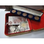 Four Five Pound Coins, two pound coin, four shillings and sixpence pre 1947, silver coinage, Dutch