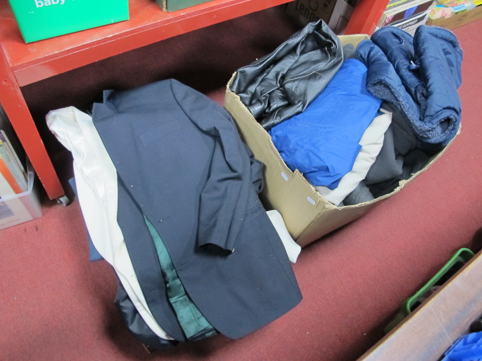 Gents Suits, Jackets, including evening suit, leather jacket, sports wear, shoes etc:- Two Boxes