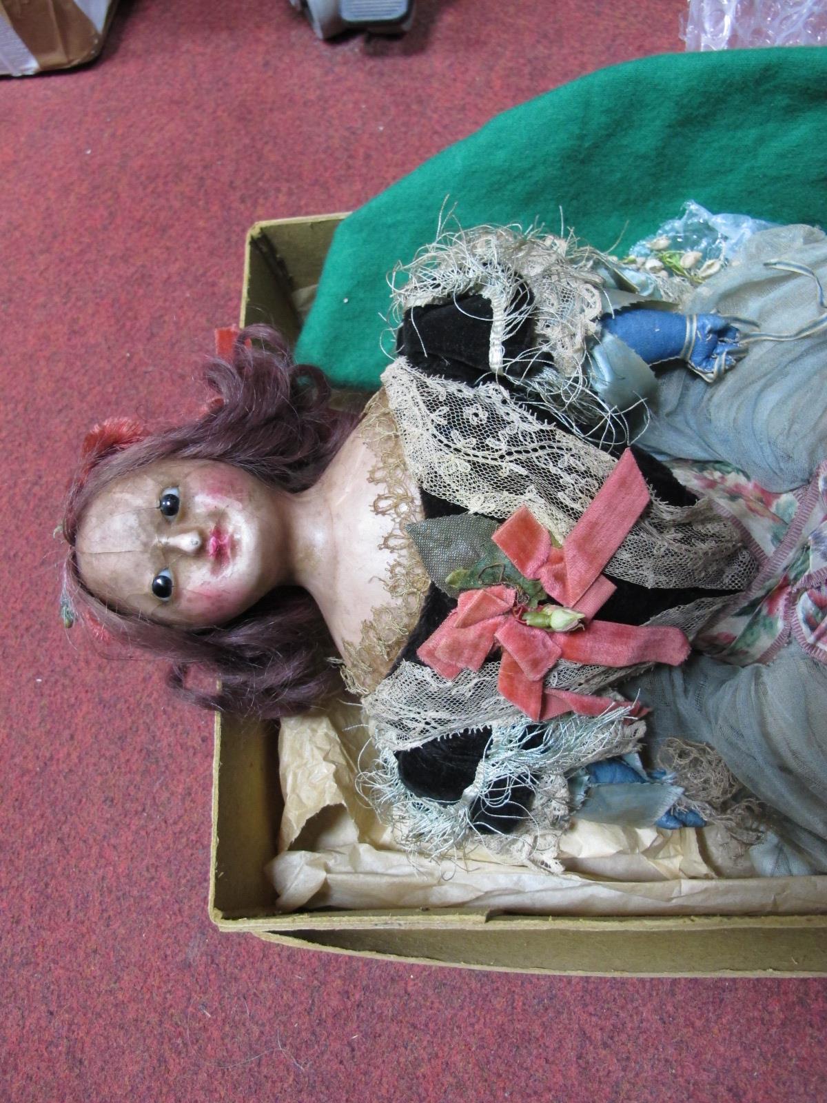 A Mid XIX Century Wax Headed Papier-Mache Doll, glass eyes, measuring 51cm high, accompanied by - Image 6 of 6