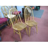 Pair Ercol Style Blonde Hoop Framed Rail Back Chairs, on splayed legs with 'H' stretchers.