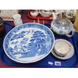 Blue and White Willow Pattern Meat/Cheese Comport, Wood 'Yuan' teapot with plated lid, XIX Century