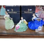 Royal Doulton Figurines; Elyse HN 2474, Elaine HN 2791 (both boxed) and Helen HN 3687. (3)