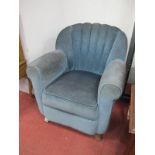 Art Deco Oak Framed Easy Chair, with shell shaped back, upholstered in a blue velvet, 77cm high.