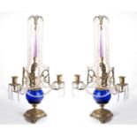 A PAIR OF NEOCLASSICAL RUSSIAN BRASS, CUT CRYSTAL AND COBALT GLASS CANDELABRA, 19TH CENTURY