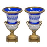 A PAIR OF RUSSIAN ORMOLU MOUNTED CUT CRYSTAL AND COBALT GLASS VASES, IMPERIAL GLASS FACTORY