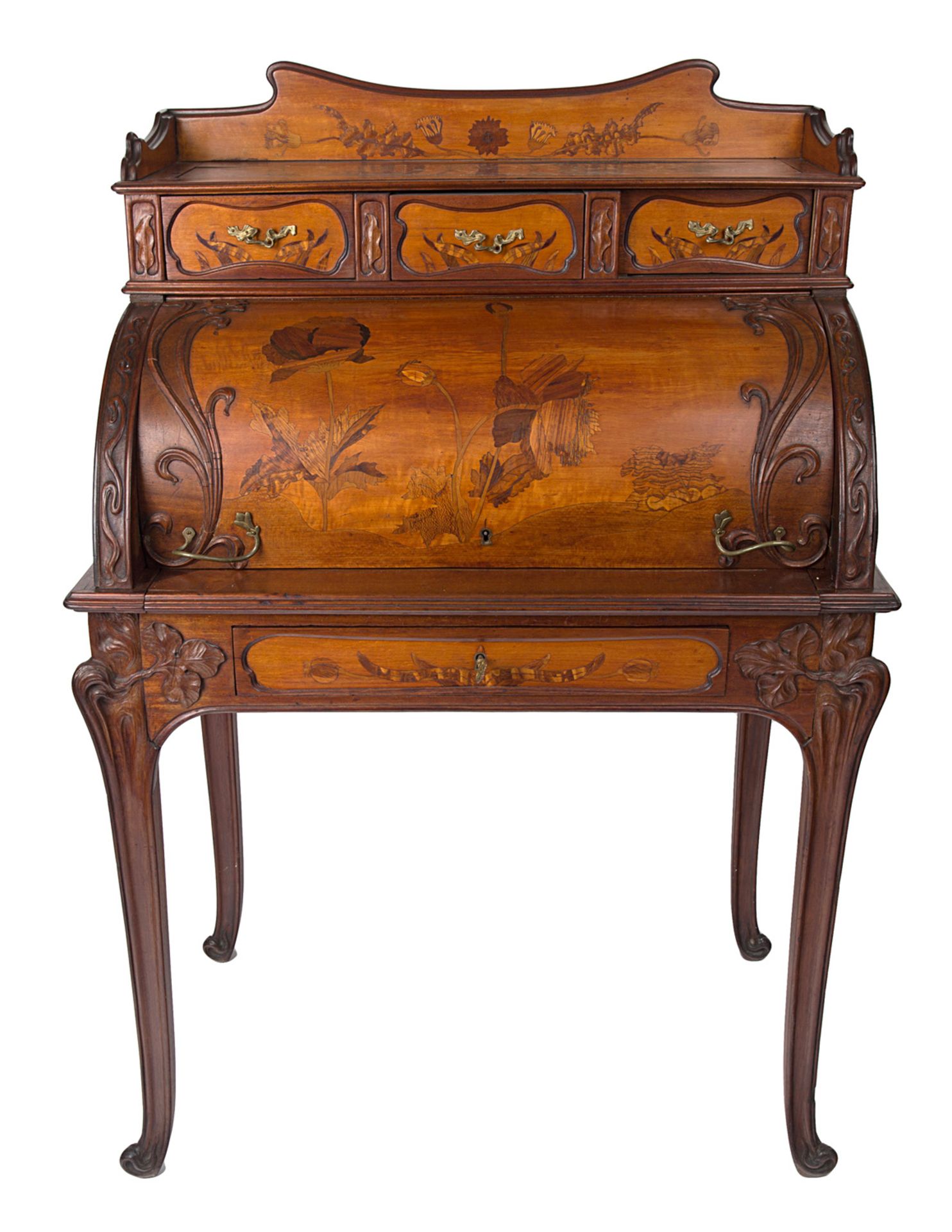 AN ART NOUVEAU CYLINDER MARQUETRY WRITING TABLE, CIRCA 1900