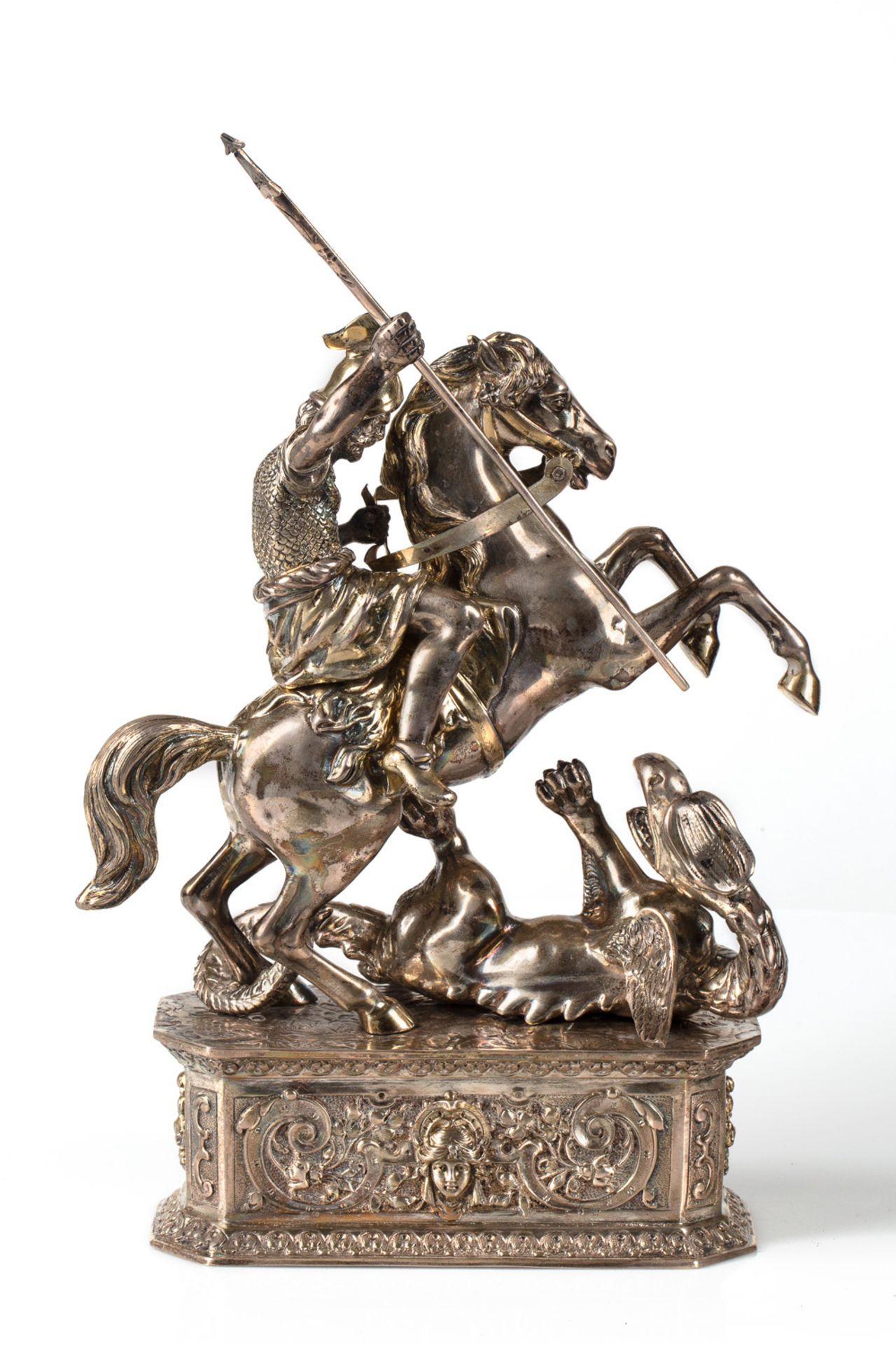 A EUROPEAN SILVER-PLATED FIGURE OF ST. GEORGE SLAYING THE DRAGON, LATE 19TH-EARLY 20TH CENTURY