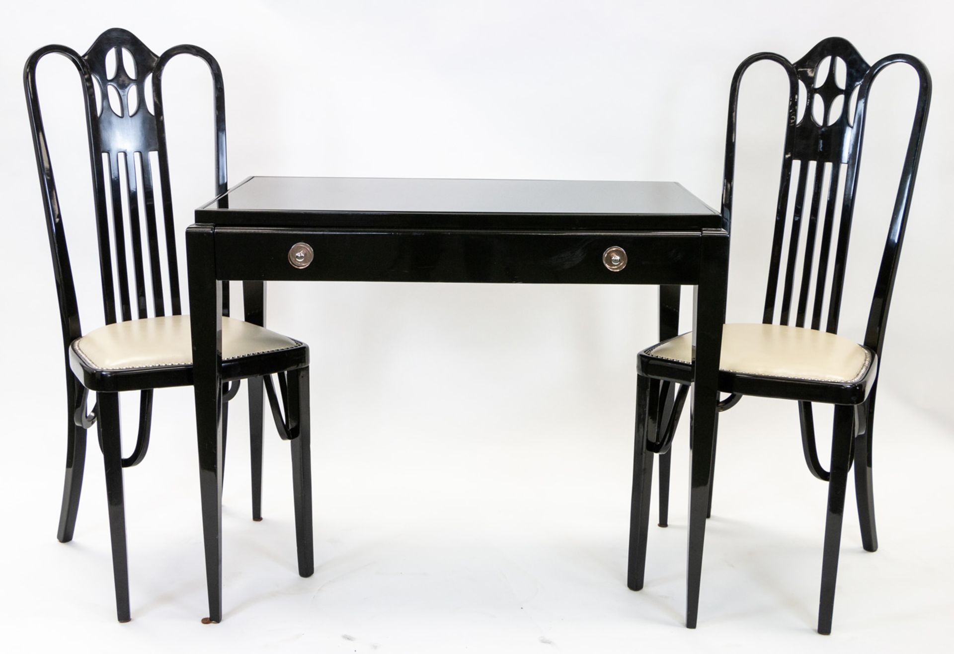 AN AUSTRIAN ART DECO LACQUER WRITING DESK WITH A PAIR OF CHAIRS, EARLY 20TH CENTURY