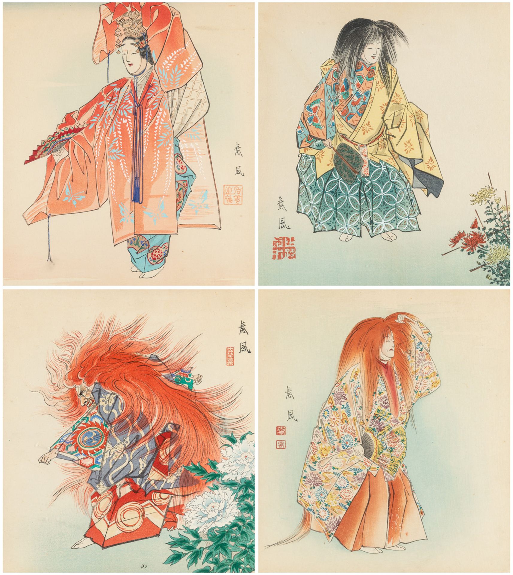 A GROUP OF FOUR WOODBLOCK PRINTS BY MATSUNO SOFU (1899-1963) FROM NOH TWELVE MONTHS SERIES, 1956