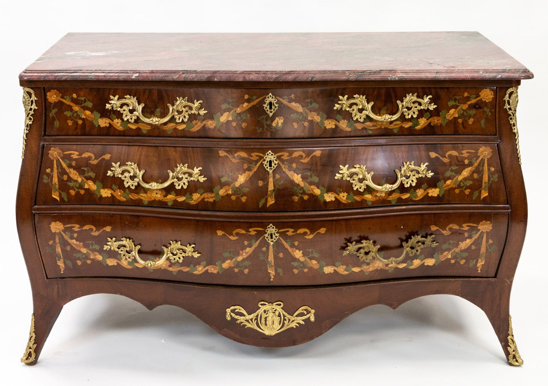 A MARQUETRY COMMODE WITH GRANITE TOP, EARLY 20TH CENTURY