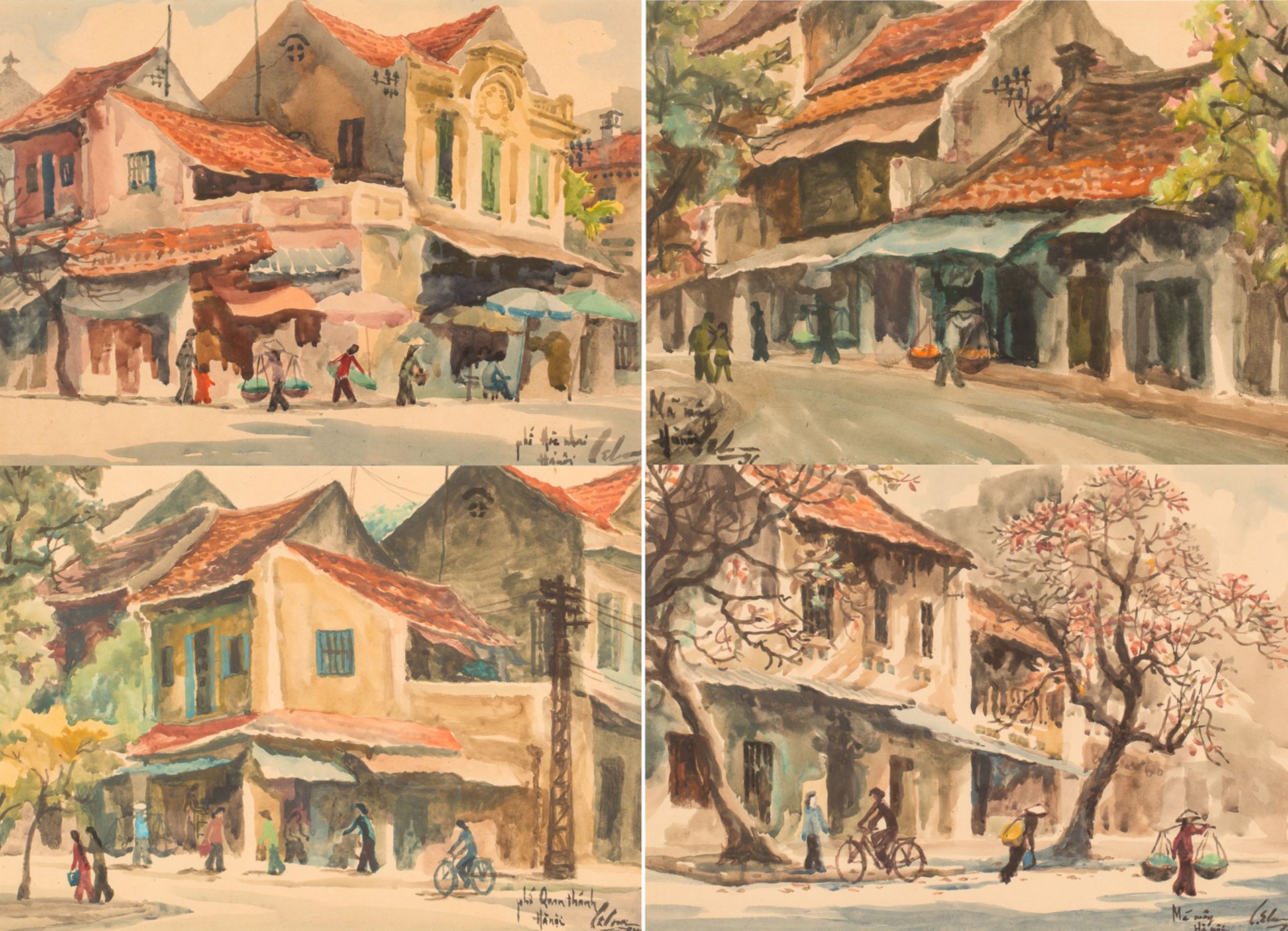 A SET OF FOUR WATERCOLOR CITYSCAPES BY LE CUU (VIETNAMESE 20TH CENTURY)