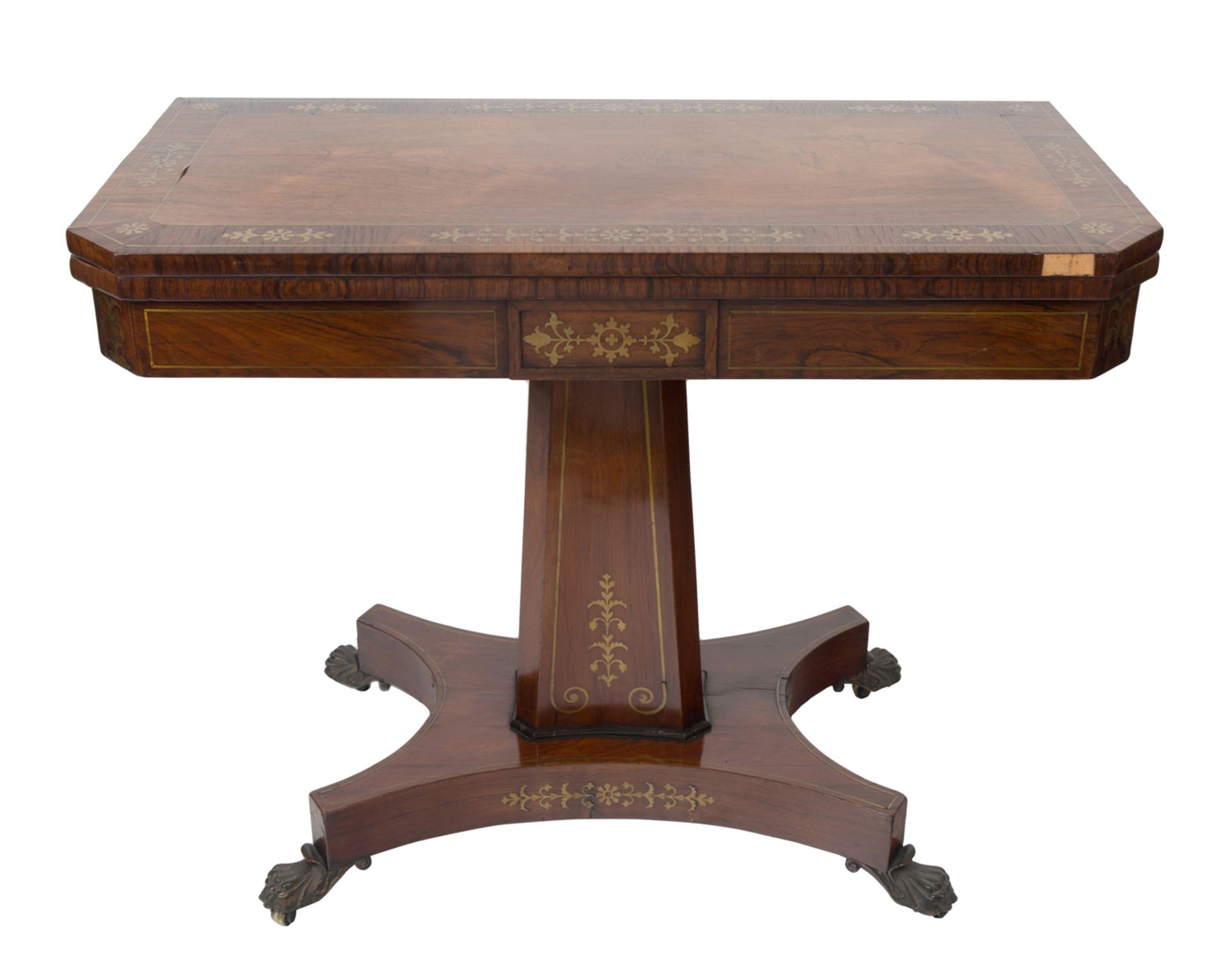 A REGENCY ROSEWOOD AND BRASS INLAY CARD TABLE, CIRCA 1810-1820