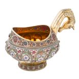 A RUSSIAN FABERGE-STYLE SILVER AND SHADED CLOISONNE ENAMEL KOVSH, LATE 20TH CENTURY