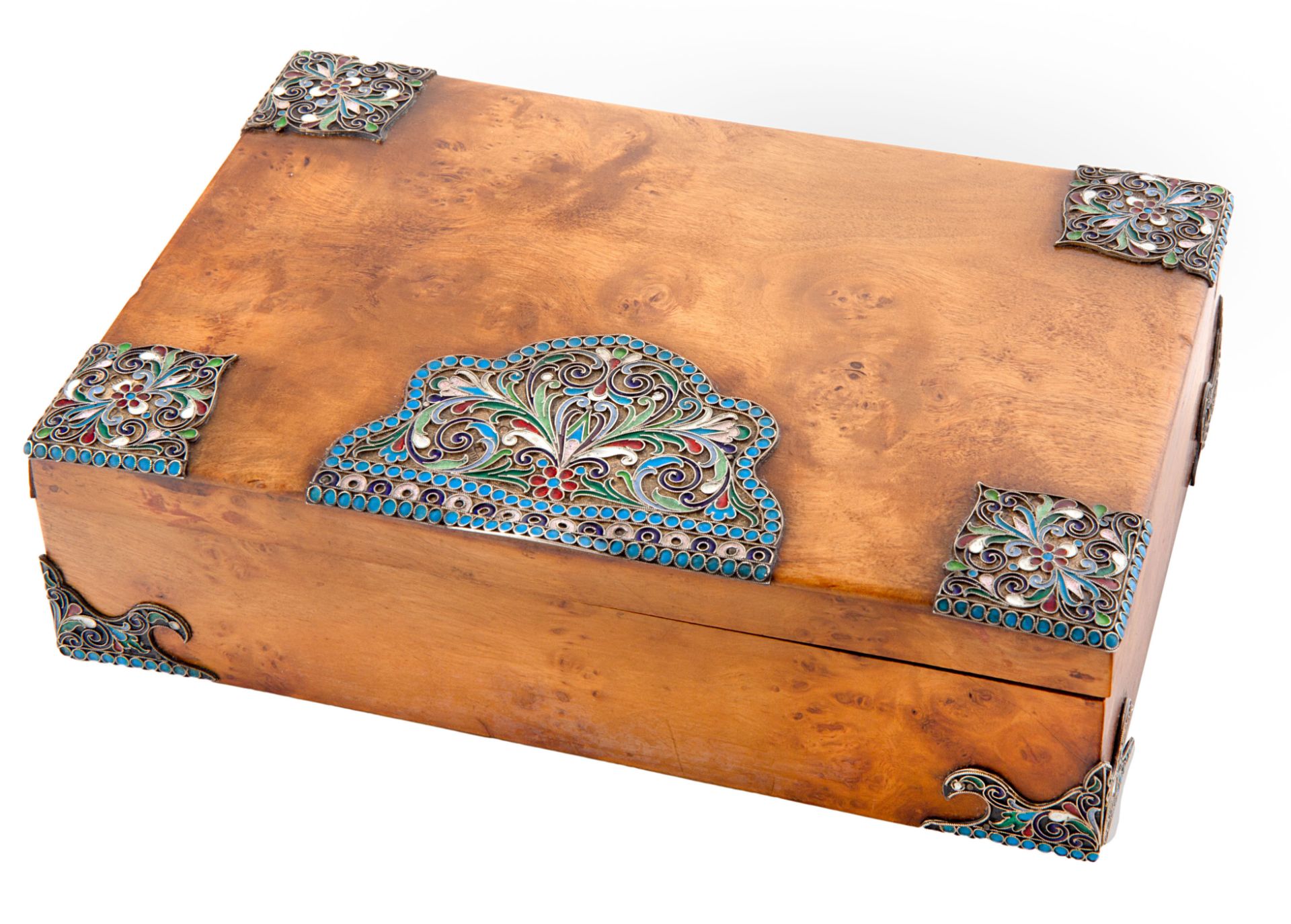 A RUSSIAN KARELIAN BIRCH BOX WITH GILT SILVER AND CLOISONNE ENAMEL MOUNTS, ST. PETERSBURG, 1908-1917