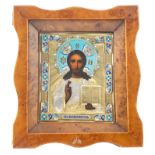 A RUSSIAN ICON OF CHRIST PANTOCRATOR WITH SILVER GILT AND ENAMEL OKLAD, WORKMASTER NIKOLAI GRACHEV,