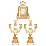 A THREE-PIECE FRENCH ORMOLU-MOUNTED MARBLE DESK CLOCK SET, RAINGO FRERES, PARIS, THIRD QUARTER OF 19