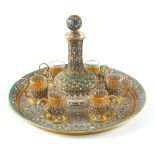 A RUSSIAN GILT SILVER AND CLOISONNE ENAMEL-MOUNTED GLASS VODKA SET, ST. PETERSBURG, 1895