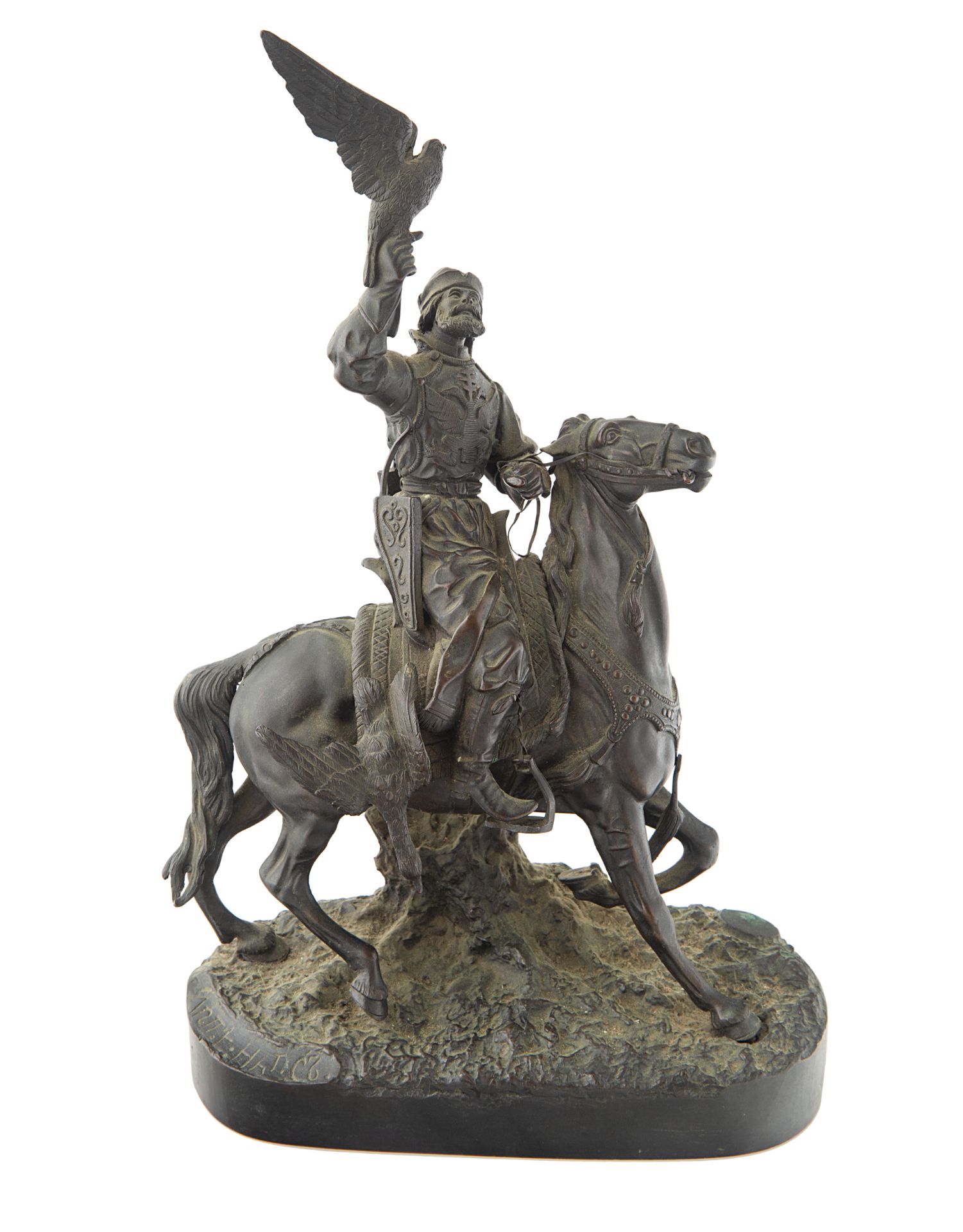 A BRONZE SCULPTURE OF A FALCONER, CAST AFTER THE MODEL BY EVGENY NAPS (RUSSIAN 19TH-20TH CENTURY)