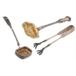 A PAIR OF RUSSIAN SILVER STRAINERS TOGETHER WITH TONGS, VARIOUS MAKERS, 19TH CENTURY