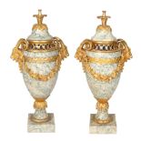 A PAIR OF FRENCH LOUIS XVI STYLE ORMOLU-MOUNTED MARBLE URNS, LATE 19TH CENTURY WITH LATER LAMP MOUNT