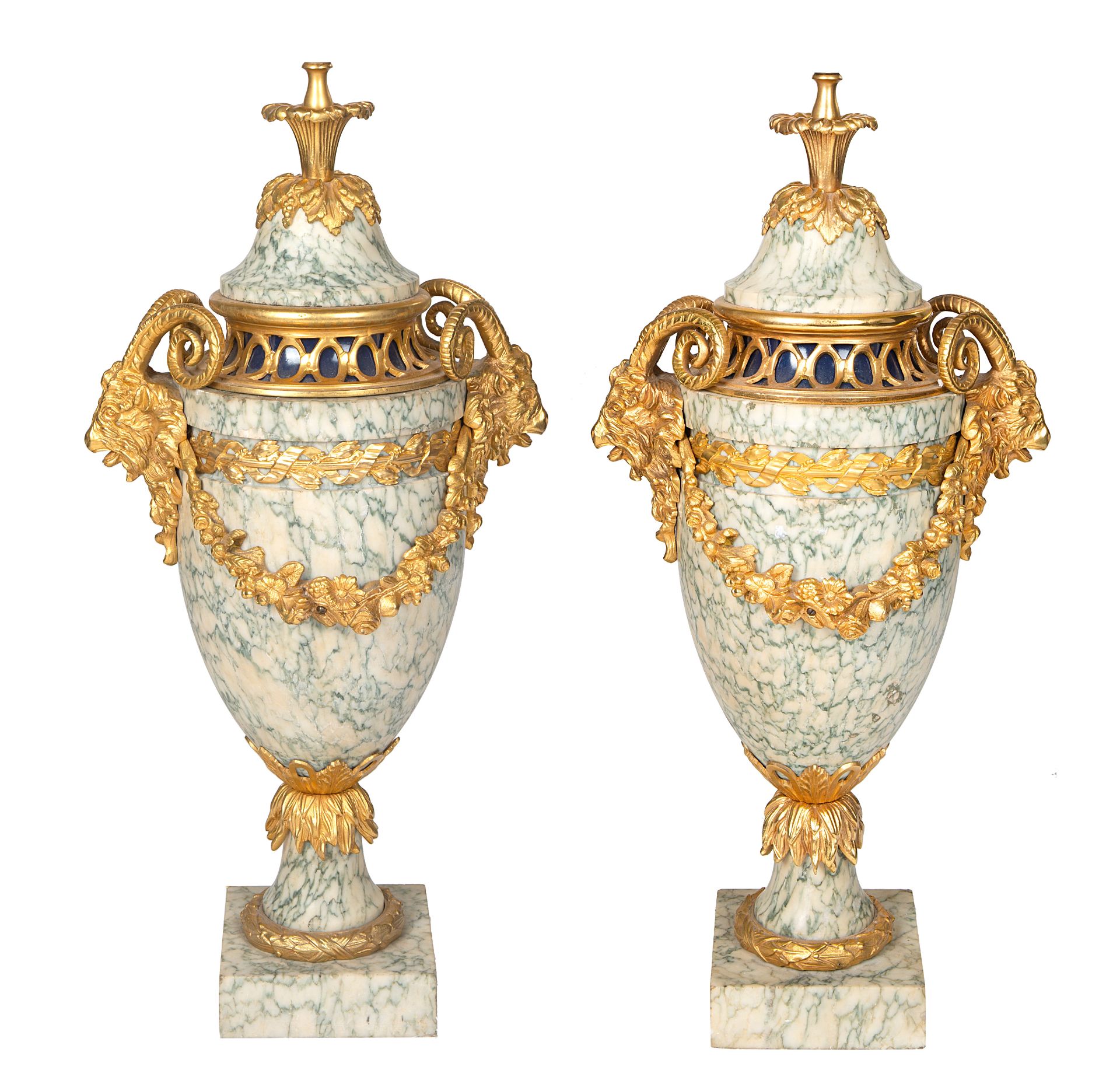 A PAIR OF FRENCH LOUIS XVI STYLE ORMOLU-MOUNTED MARBLE URNS, LATE 19TH CENTURY WITH LATER LAMP MOUNT