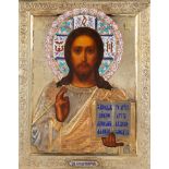 A RUSSIAN ICON OF CHRIST PANTOCRATOR WITH GILT SILVER, CLOISONNE AND CHAMPLEVE ENAMEL OKLAD, MOSCOW,