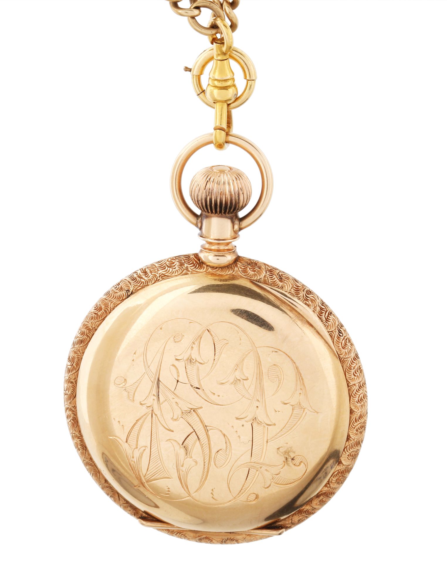 EROTIC AMERICAN WALTHAM 14K GOLD AND ENAMEL HUNTER CASE POCKET WATCH AND CHAIN, MOVEMENT NO. 5'506'7