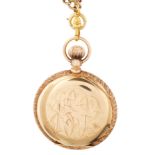 EROTIC AMERICAN WALTHAM 14K GOLD AND ENAMEL HUNTER CASE POCKET WATCH AND CHAIN, MOVEMENT NO. 5'506'7