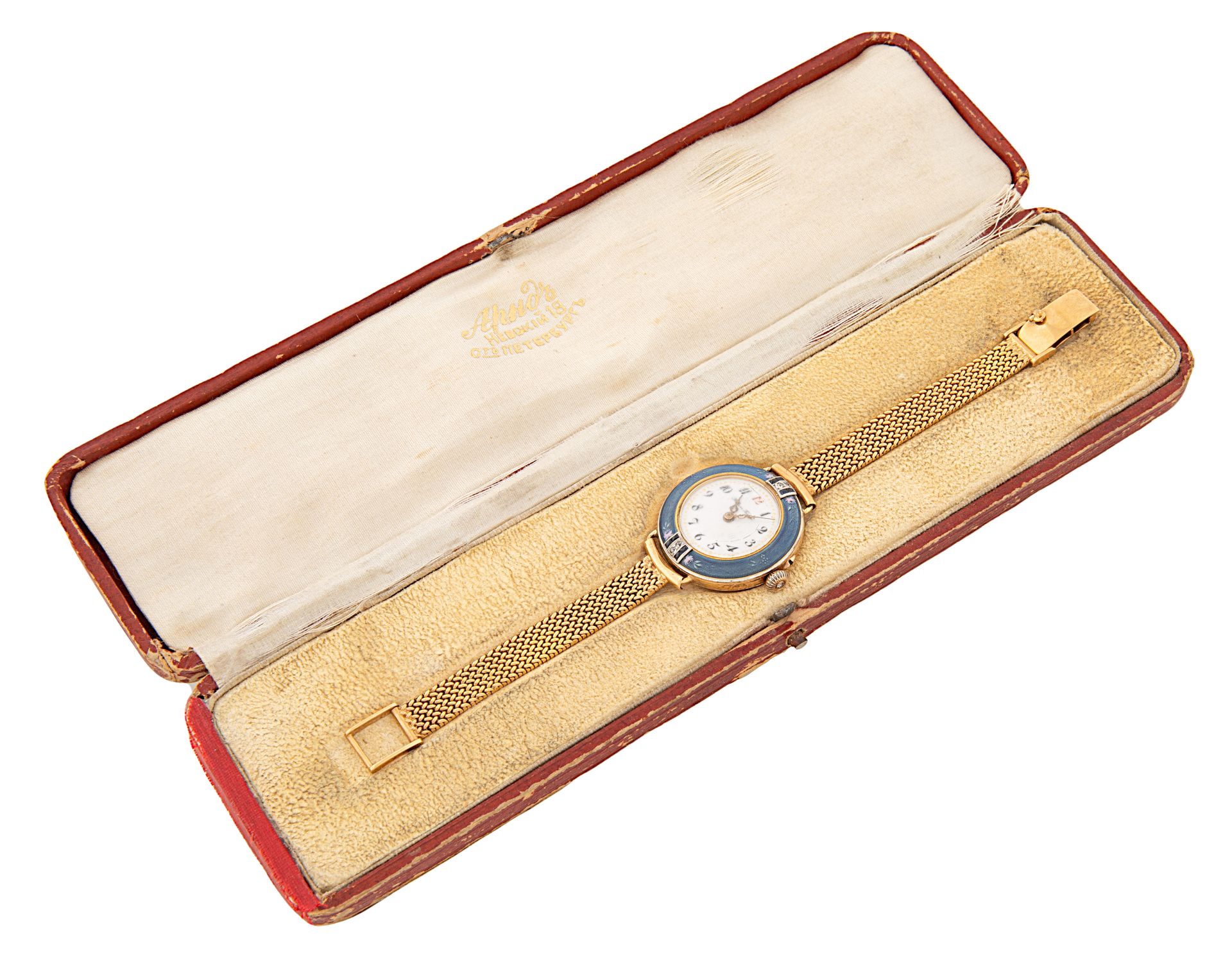 A RUSSIAN GOLD AND ENAMEL WOMEN'S WRISTWATCH, PAVEL BUHRE, ST. PETERSBURG, CASE NO. 159'690, CIRCA 1