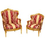 TWO LOUIS XV-STYLE UPHOLSTERED BERGERE ARMCHAIRS, 19TH CENTURY