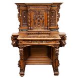 FRENCH RENAISSNACE-REVIVAL FIGURAL-CARVED WALNUT AND MARBLE INSET RESERVE SECRETARY CABINET, EARLY 1