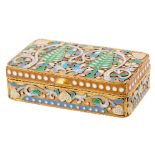 A RUSSIAN GILT SILVER AND SHADED CLOISONNE ENAMEL SNUFF BOX, WORKMASTER FEODOR RUCKERT, MOSCOW, CIRC