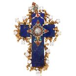 LAPIS LAZULI GOLD ENAMEL CROSS BROOCH