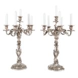 PAIR OF REGENCE-REVIVAL FIVE-ARMED SILVER-PATINATED CAST-BRONZE CANDELABRA, MID-19TH CENTURY